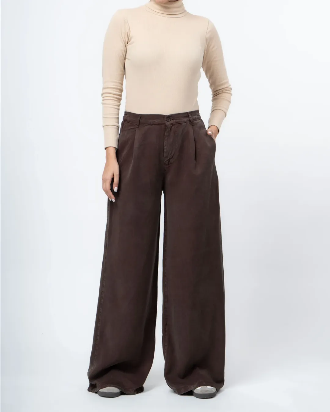 شلوار واید زنانه جنس سیلک کتان رنگ قهوه ای